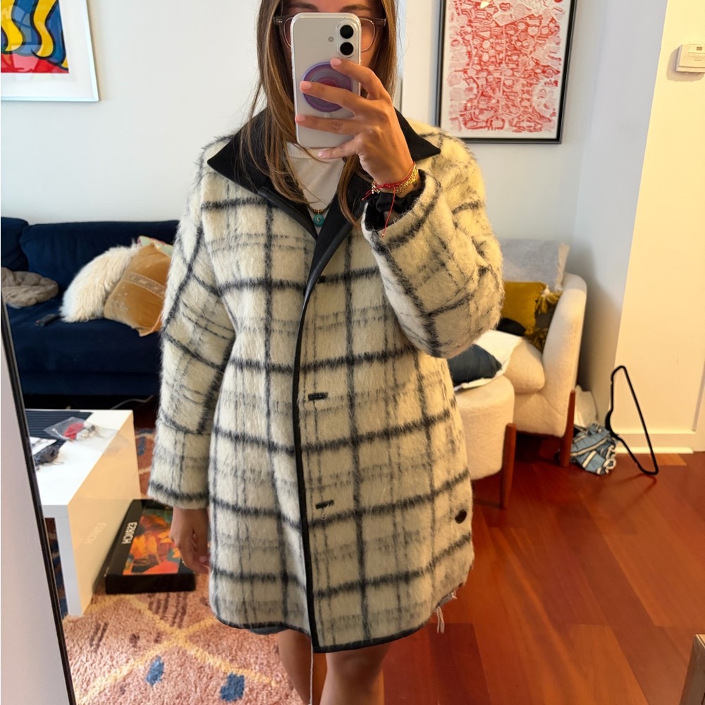 Wool Plaid Collar Coat in Cream and Black
